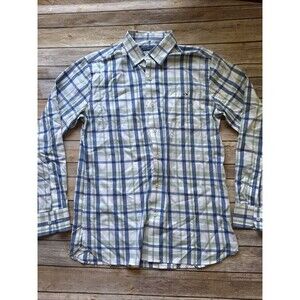 Fish hippie Mens Blue Green plaid check long sleeve shirt Medium